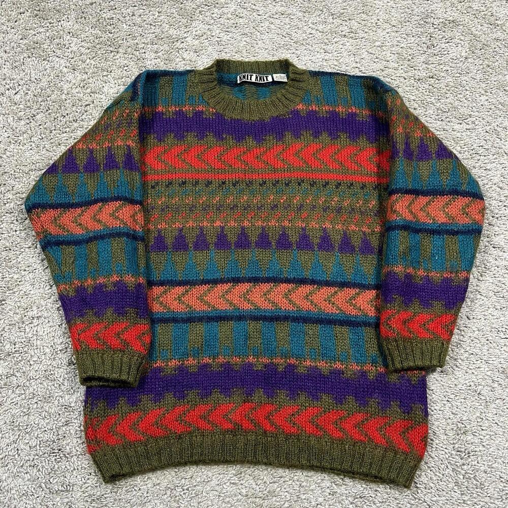 VTG Knit Knit Mohair Colorful Aztec Crew Neck Sweater Men's Size Small